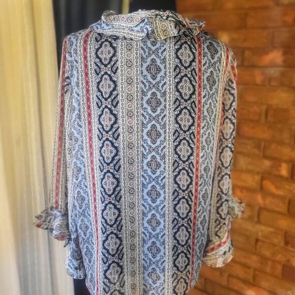 ZARA Sheer Red/Navy/White Patterned Ruffled 3/4 Sleeve Blouse - Size M LIKE NEW! - Picture 4 of 11